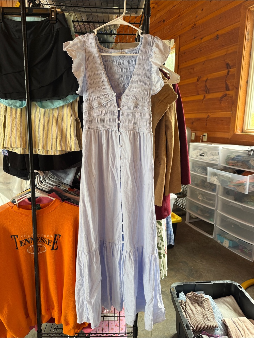 Altar'd State Pale Blue Smocked Button-Front Maxi Dress
